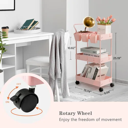 Miniatura 2 de danpinera Carrito de almacenamiento delgado, carrito rodante estrecho de 3 niveles con ruedas, organizador de baño con divisores, mango, ganchos