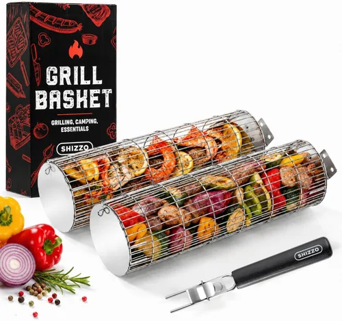 Cesta de parrilla rodante, nuevo diseño de apertura, cesta cilíndrica extra resistente, acero inoxidable de grado alimenticio, accesorios grandes