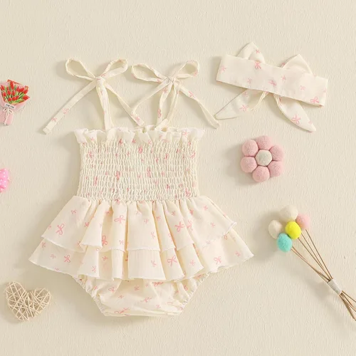 Miniatura 86 de Mameluco para bebés y niñas de 3, 6, 9, 12, 18 meses, enterizo de manga corta, fruncido, faldas y dobladillo, diadema