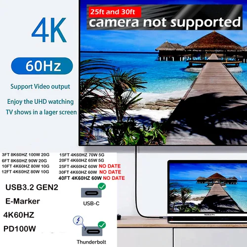 Miniatura 5 de Cable USB C a C de 15 pies, 100 W 4K60HZ tipo C GEN2x2 (datos USB 3.1), salida de video USB C de USB3.2/USB4.0 carga rápida y sincronización