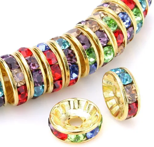 Miniatura 7 de RUBYCA 100 unidades de cuentas espaciadoras redondas estilo Rondelle en tono dorado de 10 mm, cristal checo AB blanco