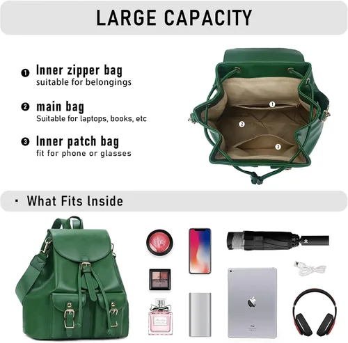 Miniatura 5 de Chillo - Mochila grande de cuero vegano para mujer, diseño multiusos, con cordón, Verde, Mochilas de mochila