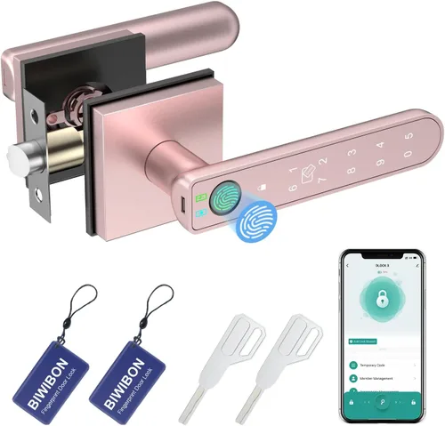 Miniatura 10 de BIWIBON Cerradura de puerta de huellas dactilares, perilla de puerta 5 en 1 con aplicación inteligente, huella dactilar, tarjetas Dorado