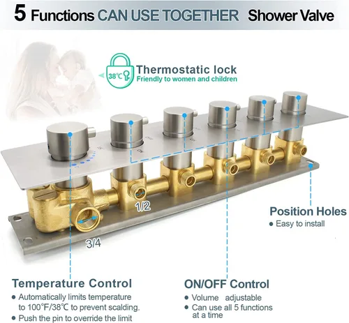 Miniatura 4 de HOMEDEC Kit de Válvula de Ducha Termostática de Latón de 5 Funciones Puede Funcionar al Mismo Tiempo, Desviador de Agua Oculto con Válvula de 6