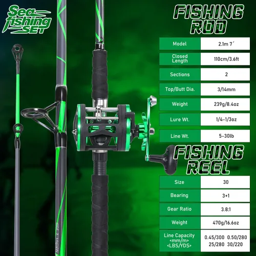 Miniatura 5 de Sougayilang Caña de Pescar de Vidrio Progresiva Combo de Carrete Convencional Medio Pesado para Bagre, Salmón y Steelhead-7'0" Verde- Diestro