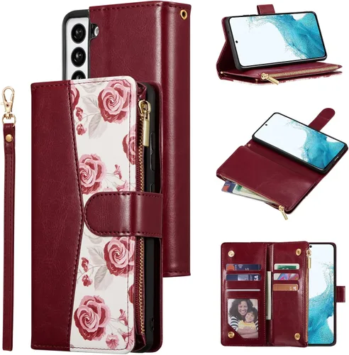 Miniatura 17 de UEEBAI Funda tipo cartera para Samsung Galaxy S22 Ultra 5G, piel sintética con cierre magnético, bolsillo con cremallera, ranuras para tarjetas