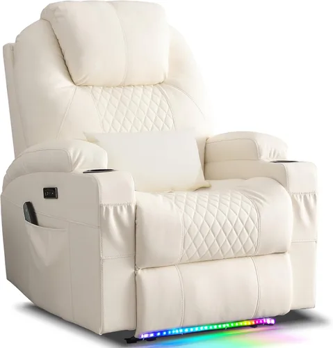 Miniatura 10 de AHMED Silla reclinable eléctrica con masaje por vibración y calor para adultos, asiento de cine en casa de piel sintética con portavasos, luces LED