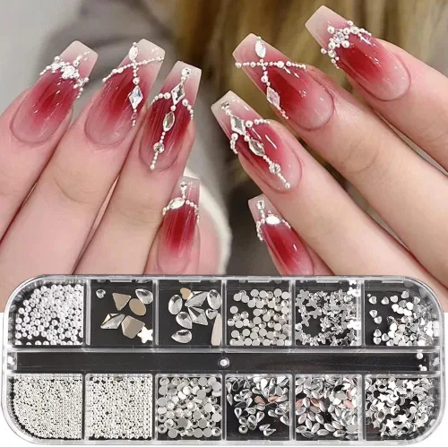 Miniatura 3 de Diamantes de imitación de cristal blanco para uñas, parte trasera plana, gemas de luna, estrella, corazón, perlas para decoración de uñas, múltiples