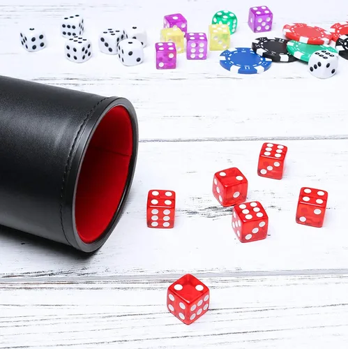 Miniatura 3 de Juego de dados de cuero sintético, interior de terciopelo rojo, silencioso, con 6 dados de puntos translúcidos rojos para mentirosos, dados Farkle