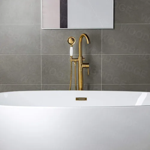Miniatura 12 de WOODBRIDGE Grifo de llenado de bañera independiente contemporáneo de una sola manija con ducha de mano en acabado dorado cepillado, F0007-BGVT