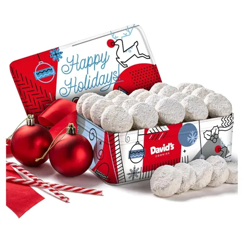 David's Cookies Winter Wonderland Pecan Meltaways Tin - Paquete de galletas gourmet de Navidad para la familia y los amigos - Deliciosas y suaves