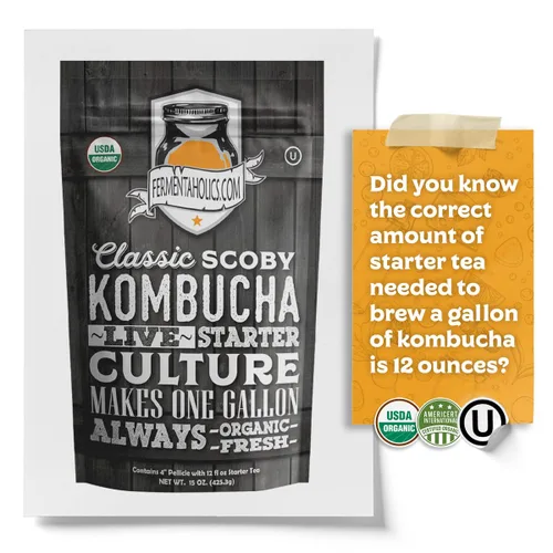 Miniatura 10 de Fermentaholics Kombucha SCOBY ORGÁNICO con doce onzas de té de iniciación – Cultivo de inicio en vivo – hace un lote de un galón – 1.5 tazas de té