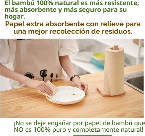 Miniatura 4 de Toallas de papel 100% de bambú, sin árboles, sin químicos, sin pelusas, duraderas, absorbentes, tamaño seleccionable de 2 capas, 90 hojas por rollo.