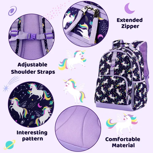 Miniatura 4 de Choco Mocha Mochila de escuela primaria de 17 pulgadas para niños, Unicornio espacial, morado