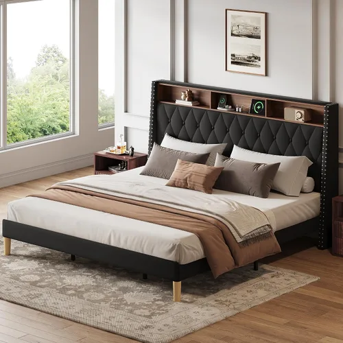 Miniatura 21 de WLIVE Base de cama tapizada de tamaño matrimonial con cabecera de ala de 48 pulgadas de alto, cama cuadrada de terciopelo con estación de carga