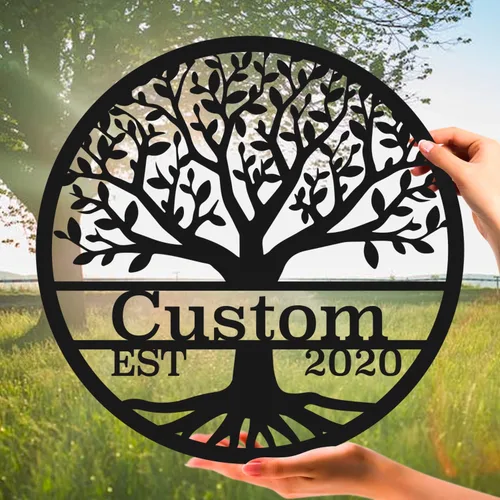 Letreros metálicos personalizados con nombre del árbol de la vida, negro, 15.75 x 11.81 pulgadas, personalizados, montaje en pared, hierro, de 12 a