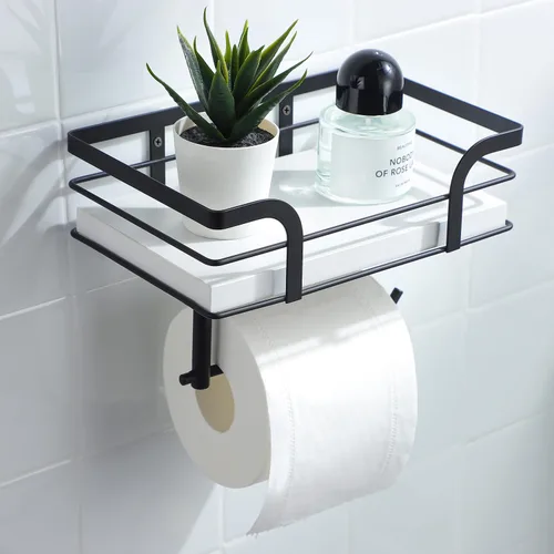 Miniatura 2 de Toilet Roll Holder Wall Mounted/Self Adhesive - Toilet Paper Holder with Shelf for Storage, Tissue Holder for Bathroom and Kitchen, Black and Rustic
