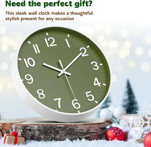 Miniatura 6 de Reloj de pared silencioso sin tictac, funciona con pilas, moderno reloj de pared analógico verde oliva para sala de estar, cocina, oficina