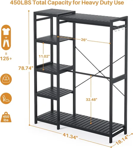 Miniatura 4 de Homykic Perchero de bambú para colgar ropa, perchero resistente con estantes ajustables de 7 niveles, varillas dobles, 4 ganchos, sistema de armario