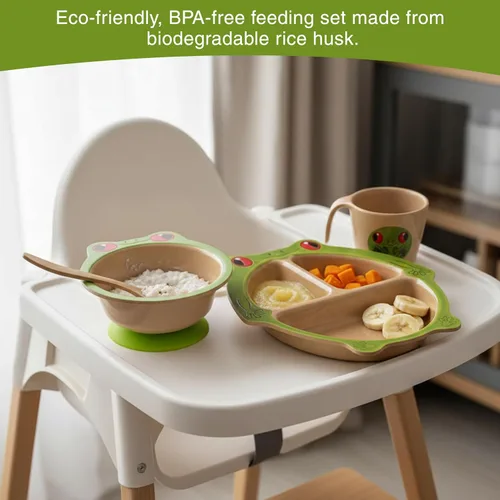 Miniatura 3 de Refresh-A-Baby Juego de alimentación ecológico de cáscara de arroz para niños, 4 piezas, incluye plato dividido, ventosa, cuchara, taza, sin BPA