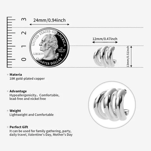 Miniatura 2 de ABILITH Aretes triples de plata y oro para mujer, aretes de aro de dos tonos de oro grueso de 18 quilates