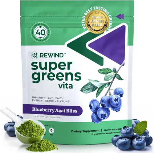 Polvo Super Greens de mejor sabor con más de 40 superalimentos – Delicioso polvo verde diario con vitamina B12, zinc, vitamina C, magnesio y calcio