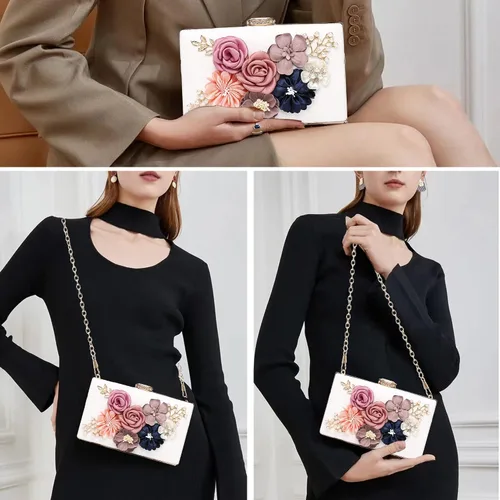 Miniatura 3 de Embrague floral para mujer, bolso de mano floral con flores en 3D, bolso de mano con rosas y flores, para boda y noche
