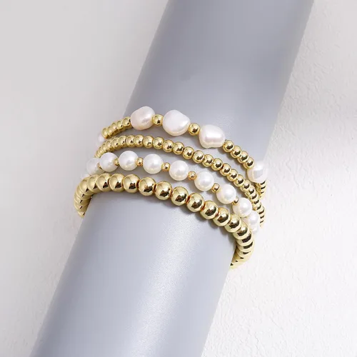 Miniatura 6 de Pulseras de cuentas de oro para mujer, perlas barrocas apilables, chapadas en oro de 14 quilates, pulsera de bolas elásticas para regalo de joyería