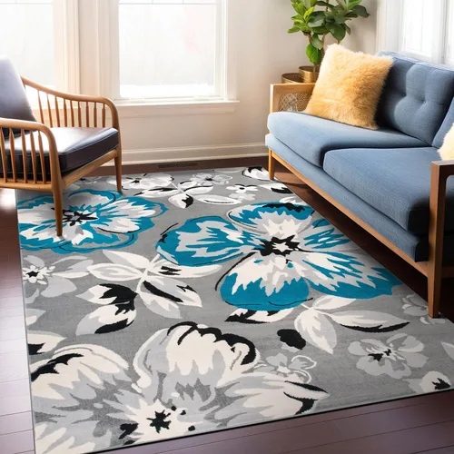 Miniatura 23 de Rugshop Alfombra moderna de diseño floral azul, elegante que no se desprende, 24 x 87 pulgadas para sala de estar, dormitorio, comedor, cocina