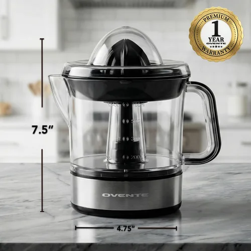 Miniatura 7 de OVENTE Exprimidor eléctrico de cítricos con 2 conos para frutas grandes y pequeñas, activada por presión, control de pulpa y boquilla fácil