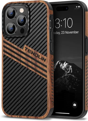 Miniatura 28 de TENDLIN Funda Magnética Compatible con iPhone 14 Plus Funda de Madera con Textura de Fibra de Carbono Diseño Híbrido de Cuero Cubierta Delgada Negro