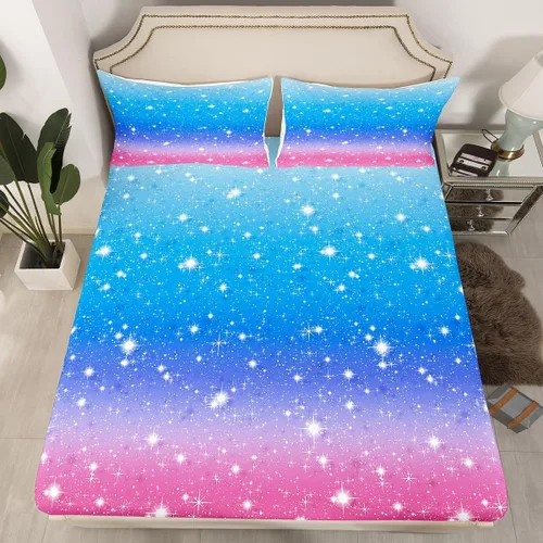 Miniatura 21 de Erosebridal Juego de ropa de cama de lentejuelas con purpurina y estrellas, sábanas de bolsillo profundo arcoíris y galaxia espacial, sábana bajera