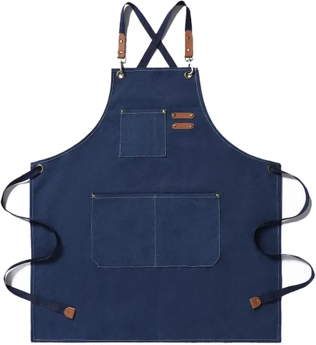 Miniatura 6 de Hyzrz Delantales de chef para hombres y mujeres con bolsillos grandes, lona de algodón con espalda cruzada, delantal de trabajo resistente, Marrón