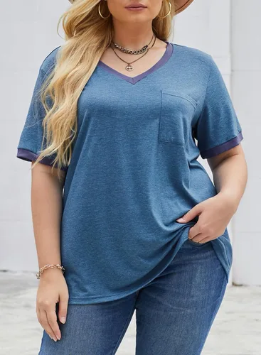 Miniatura 81 de Eytino Blusas de talla grande para mujer, cuello en V, manga corta, a rayas, casual, holgada, con bolsillo (1X-5X)
