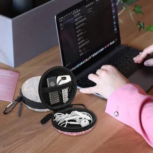 Miniatura 7 de SAVORI Estuche para auriculares pequeños con diamantes de imitación de cristal portátil, organizador de auriculares, bolsa de almacenamiento con Rosa