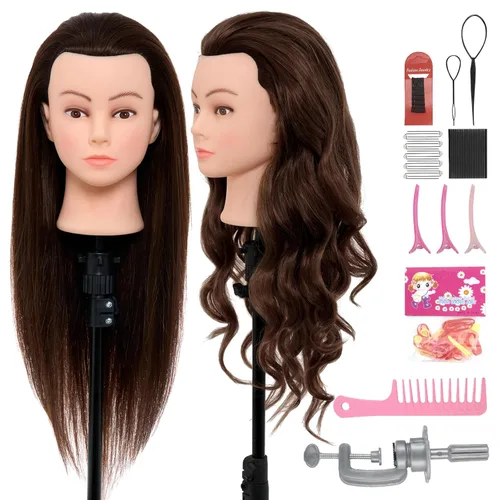 Miniatura 10 de Cabeza de maniquí de 28 pulgadas con 80 % cabello humano real, cabeza de muñeca para peinado, trenzado, rizado, cabeza de maniquí de cosmetología