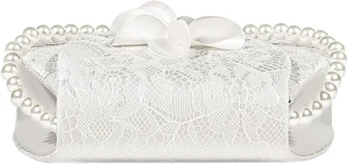 Miniatura 6 de Mulian LilY Bolso de embrague con asa superior de perla de satén de encaje floral de alta calidad con cadena desmontable flor boda bolsa nupcial