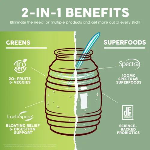 Miniatura 4 de Polvo de verduras Salud 2-en-1 + sobres de mezcla de bebida de superalimentos, más de 20 frutas y verduras, probióticos, prebióticos, apoya la salud