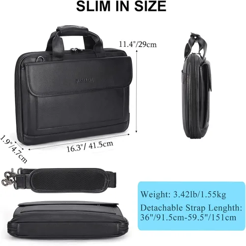 Miniatura 3 de Masa Kawa Maletín de cuero para hombre, delgado de 15.6 pulgadas, bolsa para computadora portátil, impermeable, cruzada, para el trabajo
