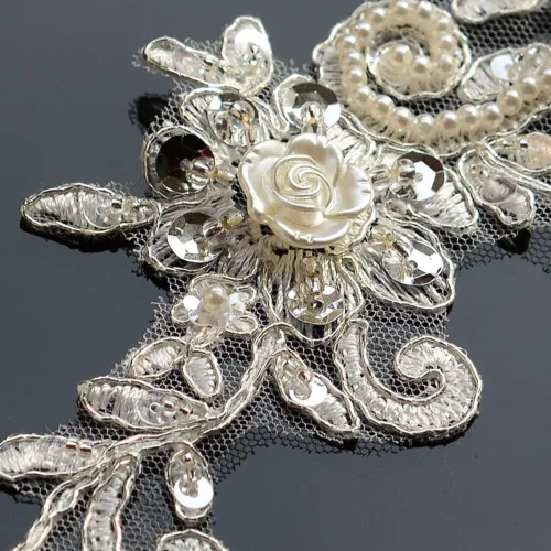 Miniatura 4 de Bling Paillette - Apliques de encaje con cuentas de perlas para novia, parche de costura para bricolaje, cinturón de boda, zapatos, marfil (2 piezas)