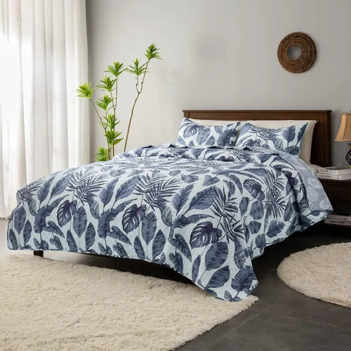 Miniatura 2 de HORIMOTE HOME Juego de edredón de plantas tropicales, tamaño individual, 2 piezas, hojas de palma azul, estilo selva, estampado fino, reversible