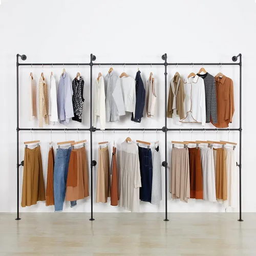 Miniatura 8 de Perchero industrial para ropa de tubería resistente, doble barra de armario, barras de ropa para colgar ropa, montaje en la pared, sistema