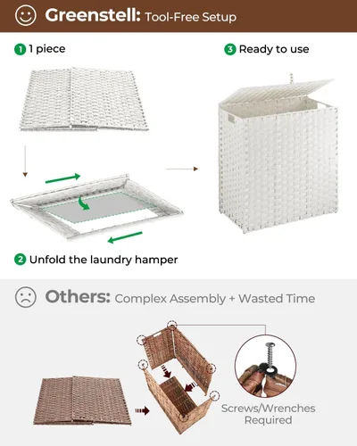 Miniatura 5 de Cesta de ropa Greenstell con tapa, sin necesidad de instalación, 110 L, cestos de lavandería de mimbre plegables con 2 bolsas extraíbles, cesto