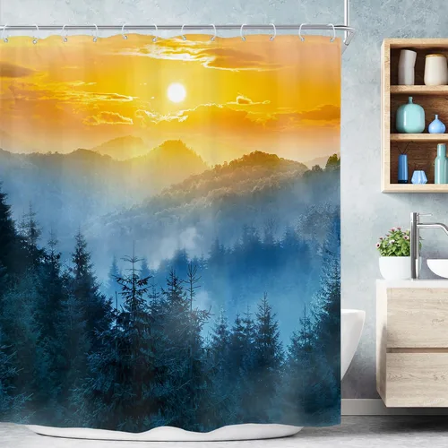 Miniatura 9 de Riyidecor Cortina de ducha pequeña con diseño de bosque de montaña, 36 pulgadas de ancho x 72 pulgadas de alto, color azul marino, bosque brumoso