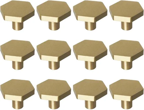 RZDEAL Pomos de latón macizo de 1-1/10 pulgadas, pomos y tiradores de armarios de zapatos, manijas hexagonales de oro cepillado para cajón de 12