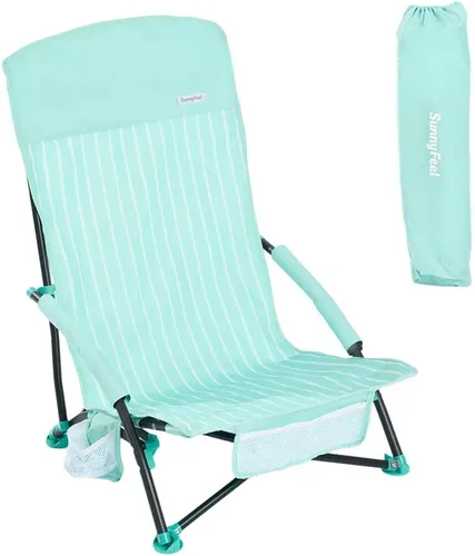 Miniatura 16 de SUNNYFEEL Silla de playa baja – Sillas de playa plegables con respaldo alto para adultos con portavasos y bolsillo lateral, mochila ligera silla