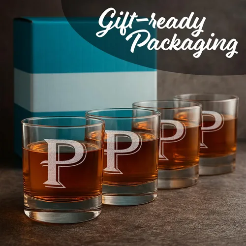 Miniatura 4 de On The Rox Drinks (P-Monogram) - Juego de 4 piezas de 11 onzas grabadas con base pesada, vasos elegantes de vidrio, multiusos, para bebidas, vasos