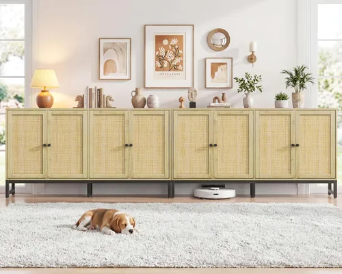 Miniatura 13 de ZLWJGY Credenza - Armario tipo bufé de ratán, aparador de almacenamiento con 4 puertas, mesa consola grande de mediados de siglo moderna de 59