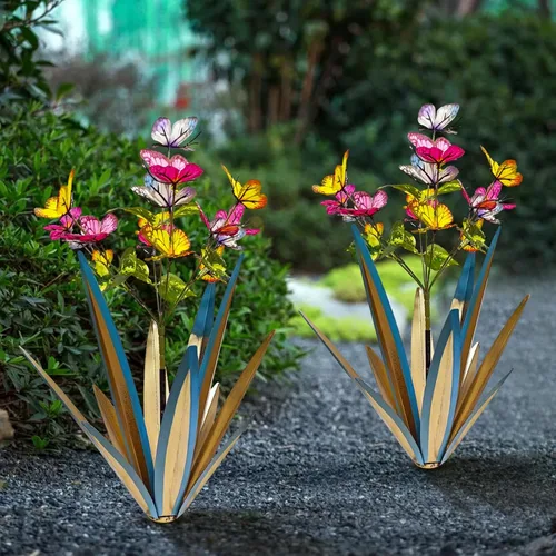 TOMBABY Jardín al aire libre Mariposas agrandadas de metal espeso resistente al viento Arte de jardín de agave Metal Planta de campo Escultura de