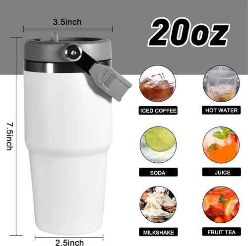 Miniatura 2 de Vaso de 20 onzas con asa, vaso aislado con tapa y popote abatible a prueba de fugas, de acero inoxidable de doble pared, taza de café de viaje